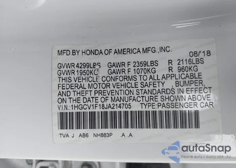 2018 Honda Accord Lx z USA, uszkodzony, nr VIN 1HGCV1F18JA214705